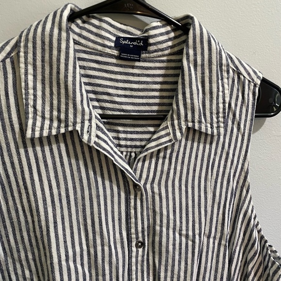 Splendid Linen Blend Gray/ Cream Striped Nautical Button Down Tank Blouse Medium - Picture 2 of 9